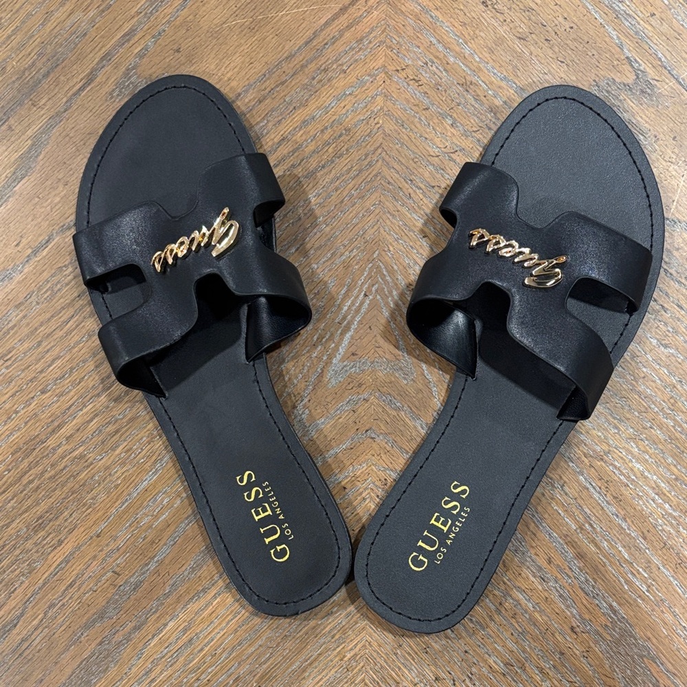 GUESS Black and Gold Slide Sandals
